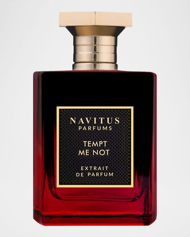 Tempt Me Not extrait de parfum bottle with red glass and gold-toned cap