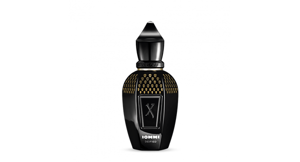 A black perfume bottle with a gold-studded design, labeled "Iommi DEIFIED" by Xerjoff, standing against a white background.