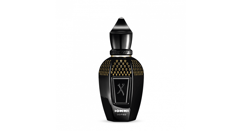 A black perfume bottle with a gold-studded design, labeled "Iommi DEIFIED" by Xerjoff, standing against a white background.