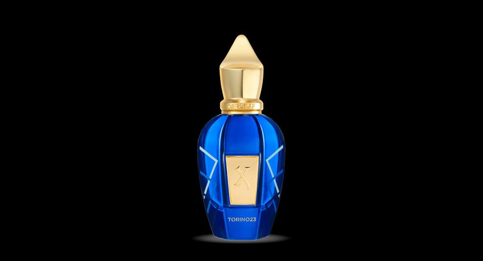 Torino 23 full perfume bottle Royal Blue with gold label marked X (Xerjoff) and a golden top cover