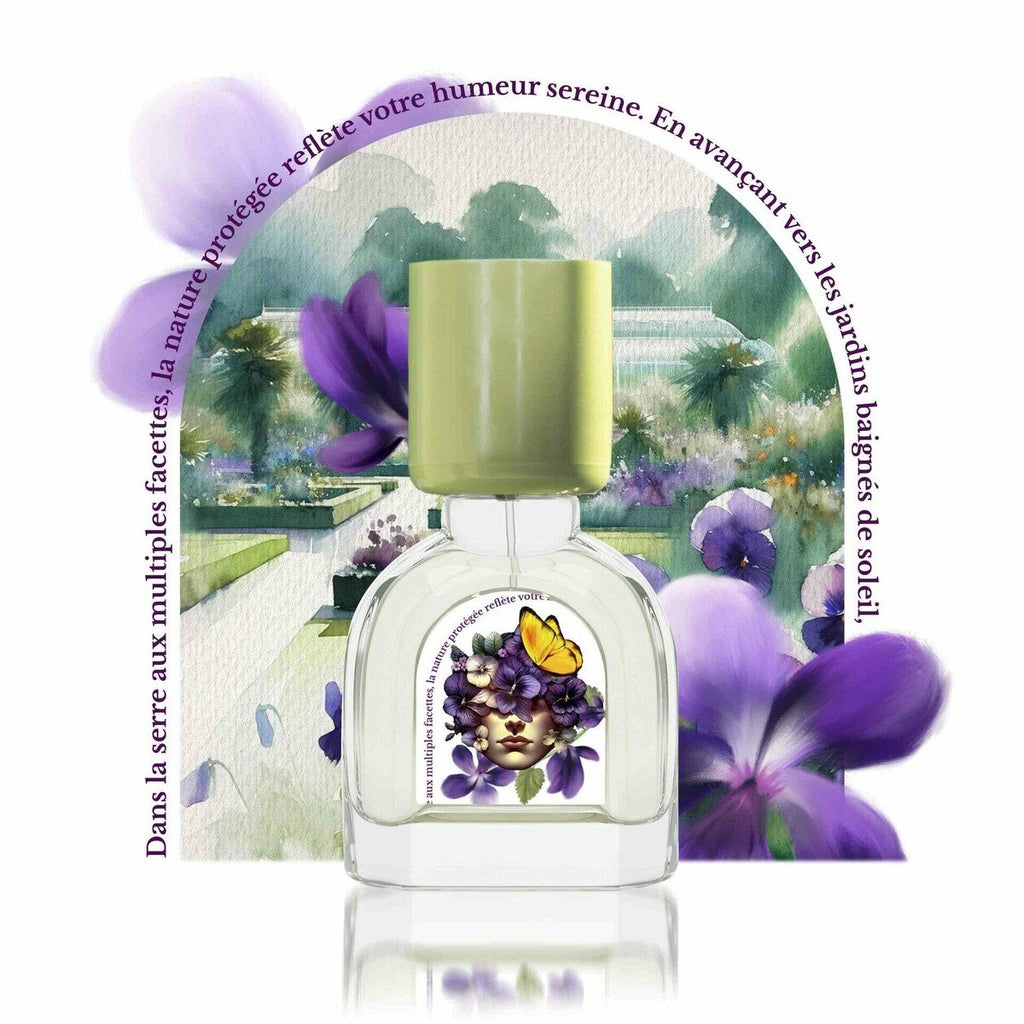 A perfume bottle showcasing a face beautifully adorned with flowers and a butterfly, set against a backdrop of purple flowers and a tranquil garden scene, capturing the essence of Violette Kew Eau de Parfum by Le Jardin Retrouvé. French text surrounds the top and left edge, completing the elegant design.