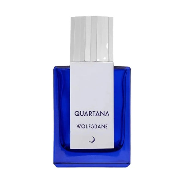 Quartana Wolfsbane parfum spray bottle, cobalt blue glass with clear cap
