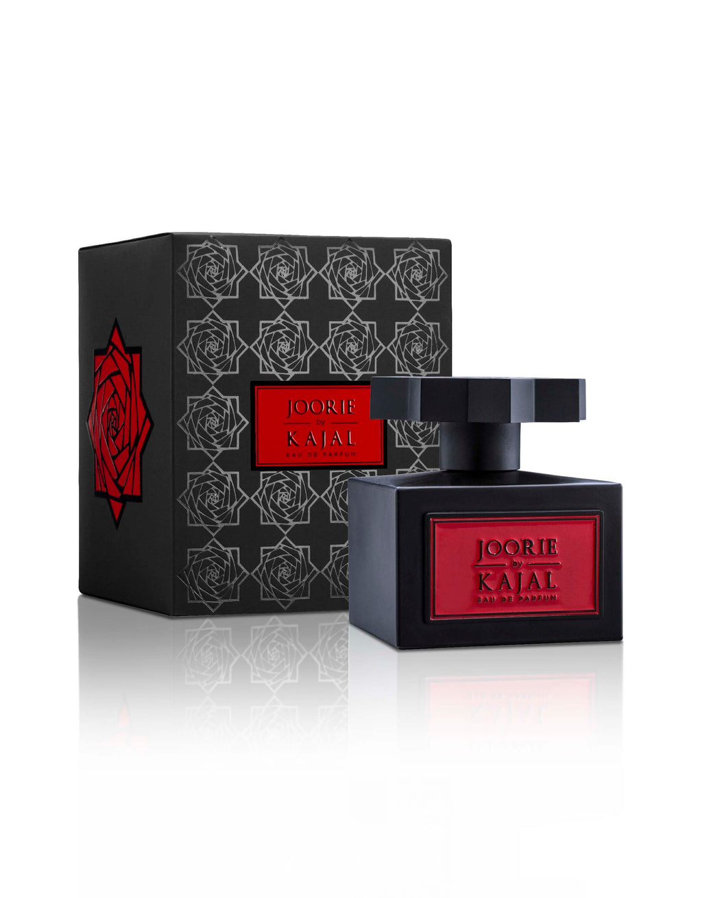 A black perfume bottle labeled "Joorie" from the Kajal - Wardé Collection, with a red label and matching box featuring red rose patterns.