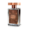 A clear glass bottle of Kajal Homme from the Kajal - Classic Collection features a copper-colored rectangular cap and geometric pattern on the label, exemplifying this refined men's fragrance by Kajal Perfumes Paris.