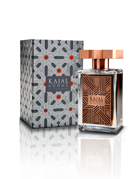 A glass bottle of Kajal Homme, part of the Kajal - Classic Collection, boasts a geometric-patterned label and cap, standing elegantly next to its matching box on a reflective surface. This exquisite fragrance by Kajal Perfumes Paris exudes sophistication and charm.
