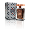 A glass bottle of Kajal Homme, part of the Kajal - Classic Collection, boasts a geometric-patterned label and cap, standing elegantly next to its matching box on a reflective surface. This exquisite fragrance by Kajal Perfumes Paris exudes sophistication and charm.