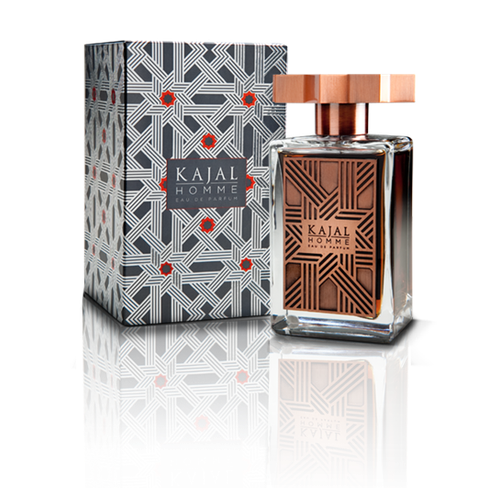 A glass bottle of Kajal Homme, part of the Kajal - Classic Collection, boasts a geometric-patterned label and cap, standing elegantly next to its matching box on a reflective surface. This exquisite fragrance by Kajal Perfumes Paris exudes sophistication and charm.