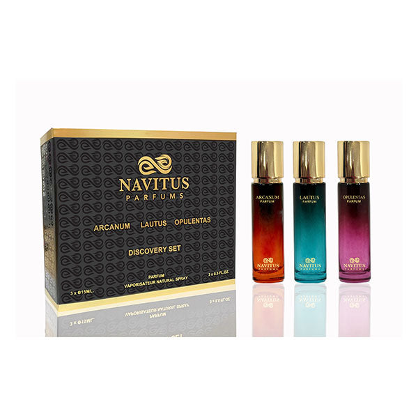 Luxurious box labeled "Navitus Parfums Navitus Discovery Set 3 x 15ml" containing three small perfume bottles named Arcanum, Lautus, and Opulentas, arranged from left to right.