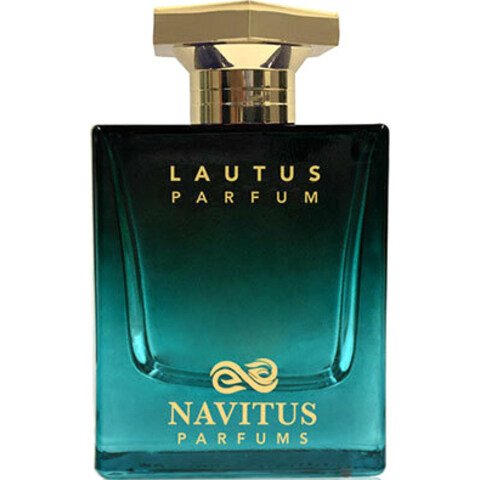 A bottle of Navitus Parfums' Lautus, featuring a rectangular design with shades of blue and a gold cap, houses an elegant fragrance crafted by the renowned Bertrand Duchaufour.