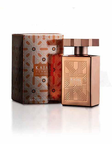 Kajal Homme II cologne bottle with matching decorative gift box, bronze and tan