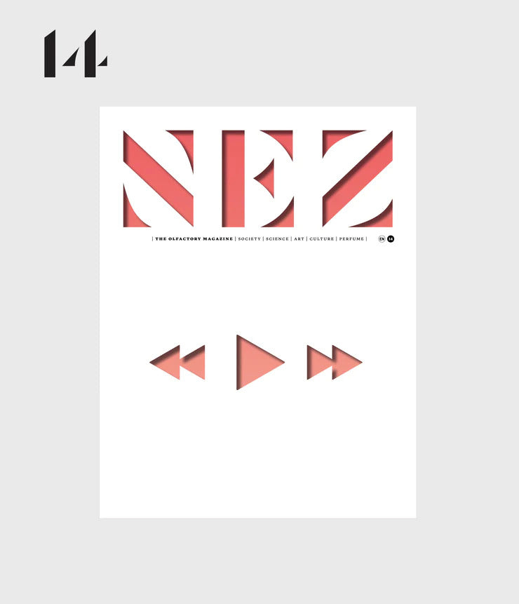 Cover of the magazine titled "Nez #14 Autumn/Winter Music & Perfume" with the tagline "The Olfactory Magazine" and categories listed underneath. Below the title are stylized cutouts in the shapes of media control buttons: rewind, play, and fast-forward, symbolizing an olfactory journey through scent as music for your senses.