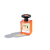 An orange glass bottle of Jusbox 14Hour Dream perfume with a black cap, casting a shadow on a white background, reminiscent of the vibrant energy of Pink Floyd's psychedelic rock and the legendary 14 Hour Technicolor Dream.
