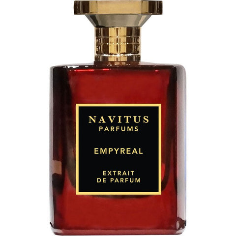 Empyreal extrait de parfum bottle, dark red glass with gold cap and square label