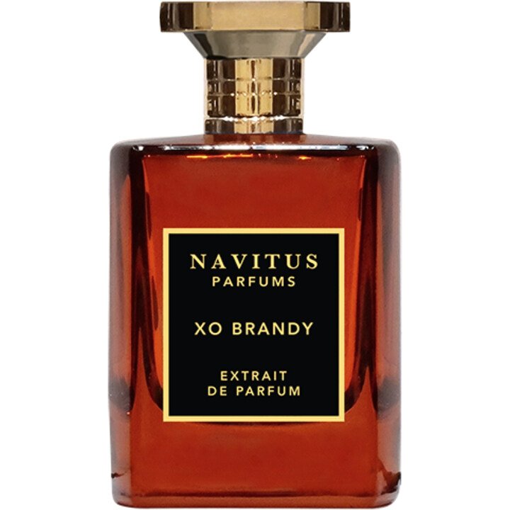 The XO Brandy by Navitus Parfums, crafted by Master Perfumer Sidonie Lancesseur, comes in a glass bottle adorned with a gold cap and a black label featuring the brand name and product details. This seductive extrait de parfum captures the essence of luxurious refinement.