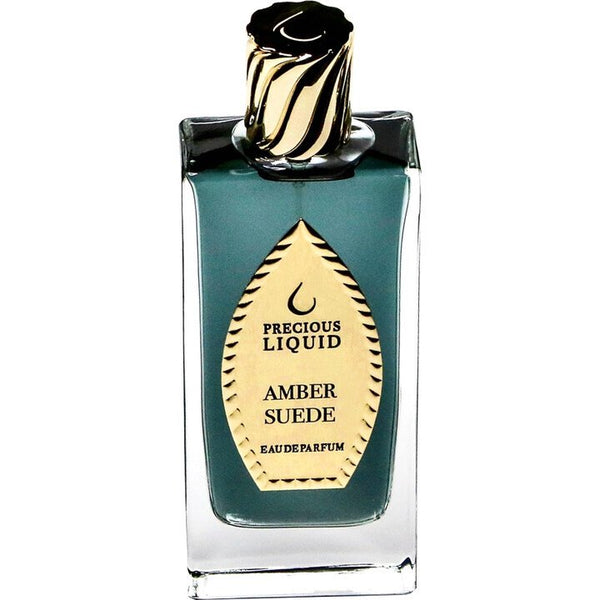 A rectangular glass bottle of Precious Liquid Amber Suede with a gold and black cap and a gold label on the front, offering a long-lasting, unique scent.