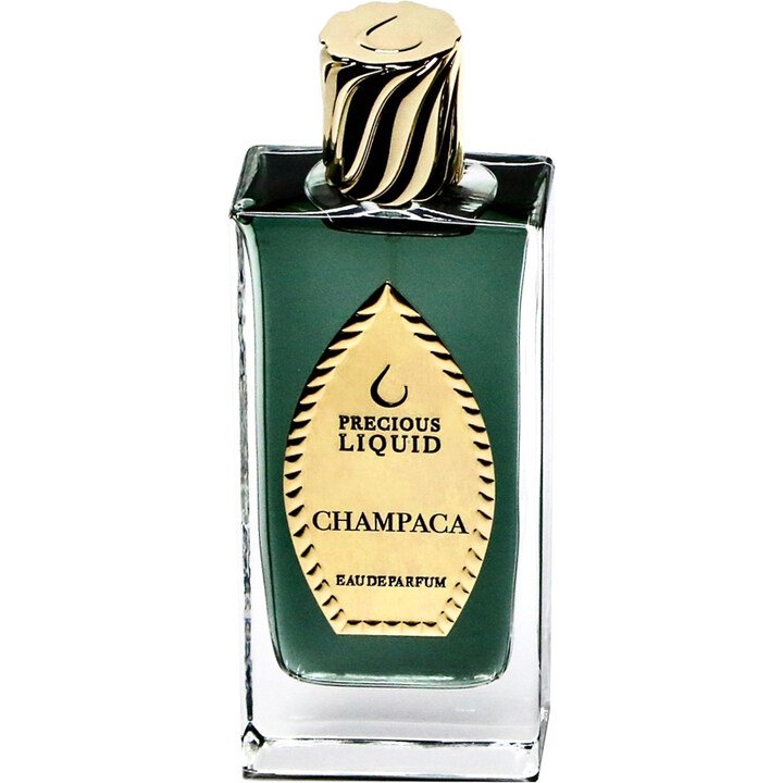 A bottle of Precious Liquid's Champaca Eau de Parfum, elegantly adorned with a gold cap and label, capturing the delicate essence of the Champaca flower complemented by hints of sandalwood.