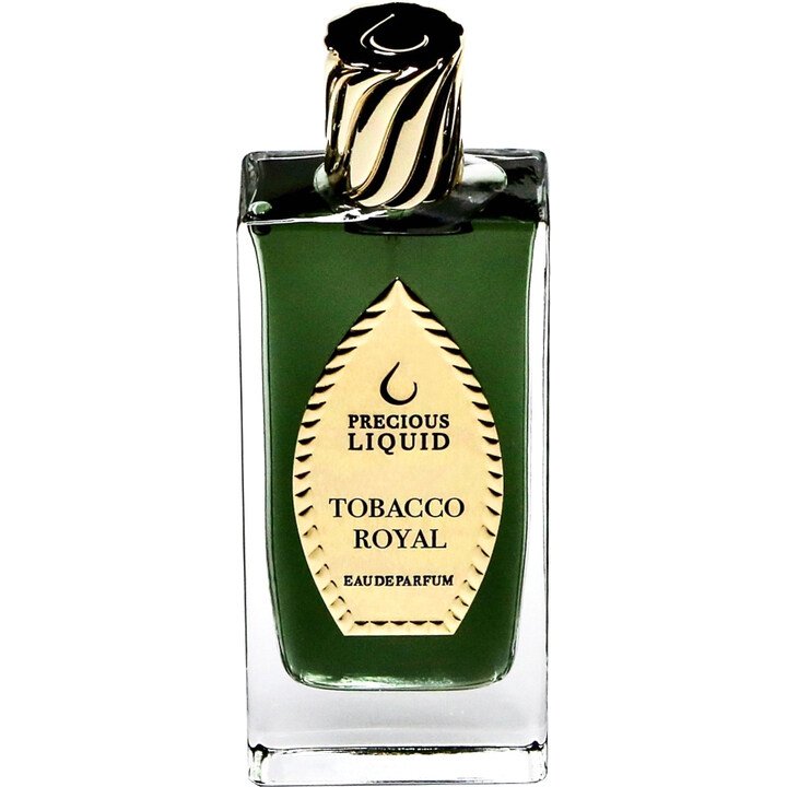 A bottle of Tobacco Royal Eau de Parfum by Precious Liquid, featuring a green liquid infused with rich tobacco absolute and subtle spices, adorned with a decorative label.