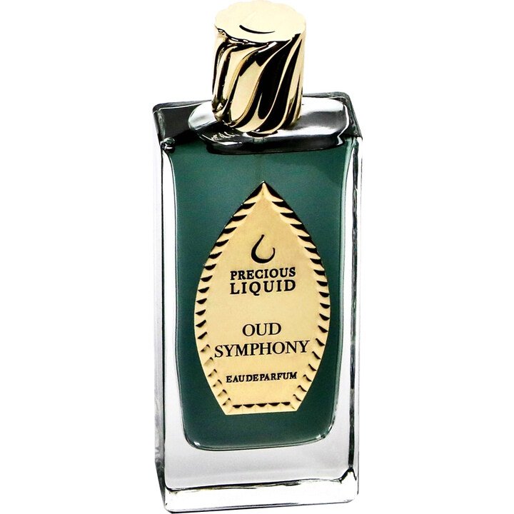 A glass bottle of Precious Liquid Oud Symphony Eau de Parfum, featuring a gold cap and label, harmoniously blends intense oud with a hint of rose absolute.