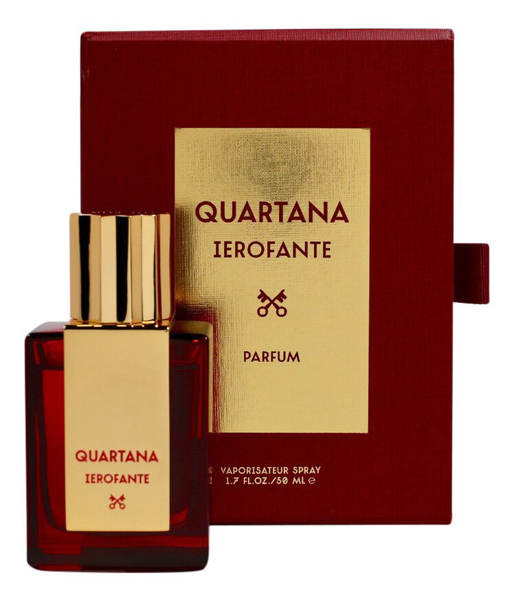 A bottle of Parfums Quartana IEROFANTE vegan perfume with a gold cap is elegantly positioned in front of its matching red and gold box. The bottle contains 1.7 fl. oz. (50 ml) of spray fragrance.