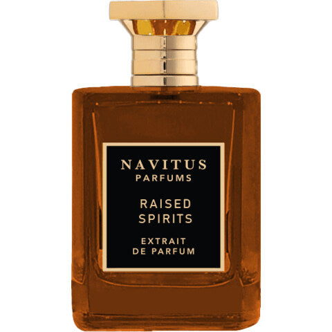 A bottle of "Raised Spirits" by Navitus Parfums, an Extrait de Parfum with notes of Madagascar vanilla and dark rum, presented with a gold cap and a black label on a sleek, rectangular amber-colored bottle.