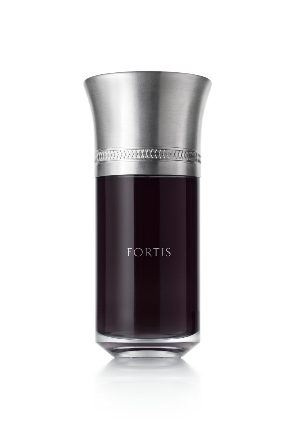 A dark-colored perfume bottle from Liquides Imaginaires, labeled "Fortis" and adorned with a metal cap featuring a decorative band near its base, evokes the essence of fragrant shadows and hints of oud.