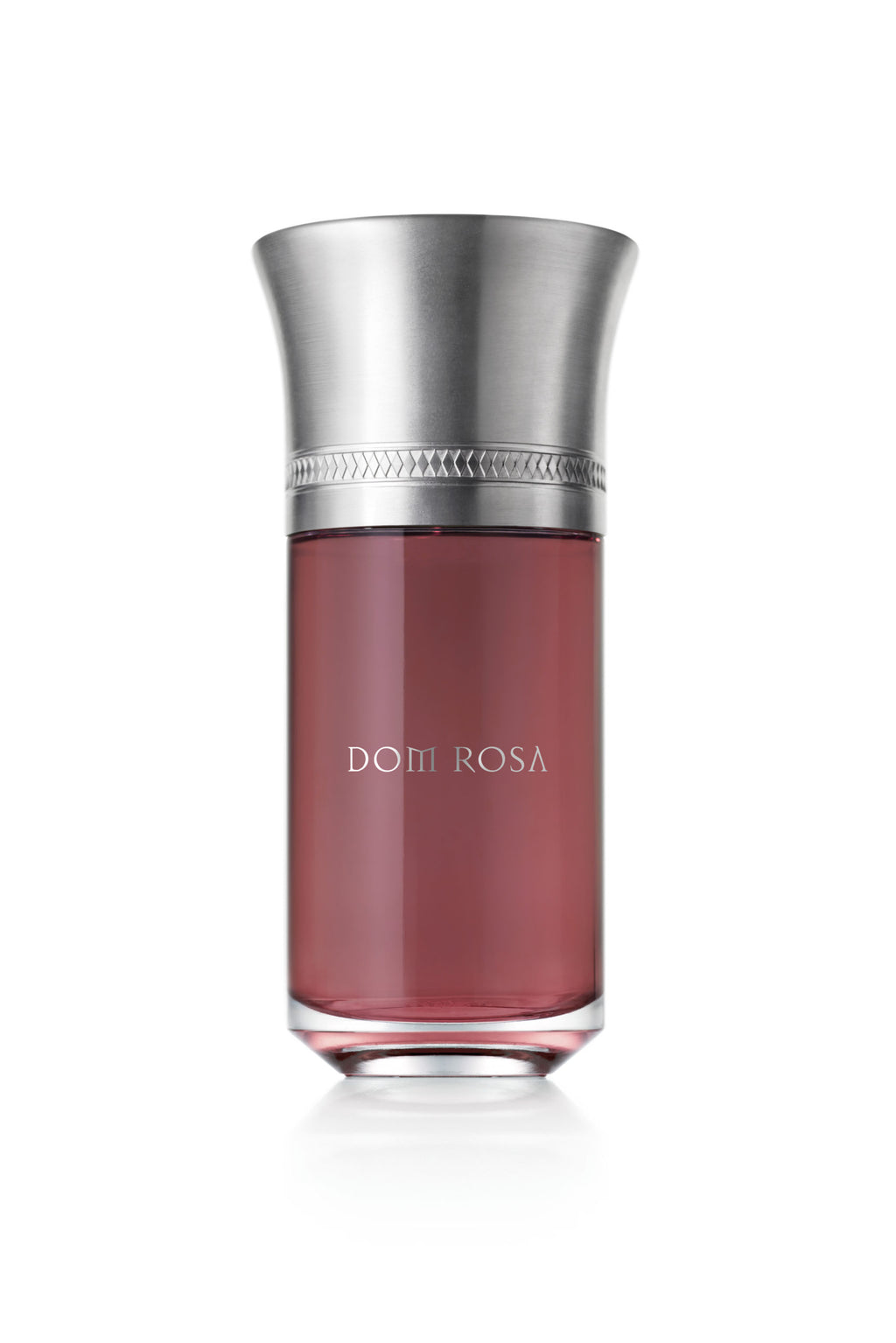 A bottle of Dom Rosa perfume by Liquides Imaginaires, featuring a cylindrical shape with a wide silver cap and a clear body showcasing the pinkish-red liquid inside, exudes a captivating Amber Floral fragrance.