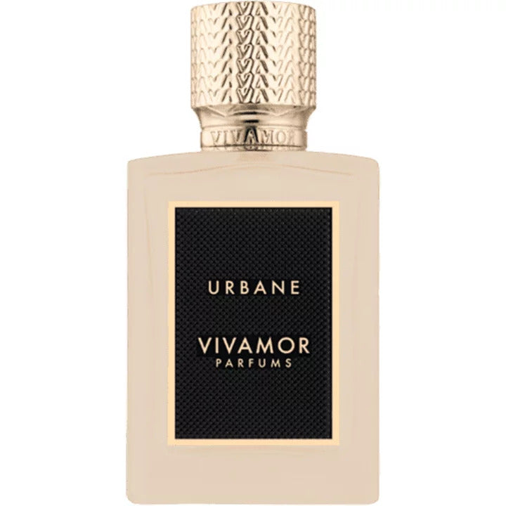 A bottle of VIVAMOR Parfums' URBANE fragrance, featuring a beige glass body and a textured gold cap. The black label displays the brand and product name in gold lettering, promising long-lasting freshness and captivating sillage.