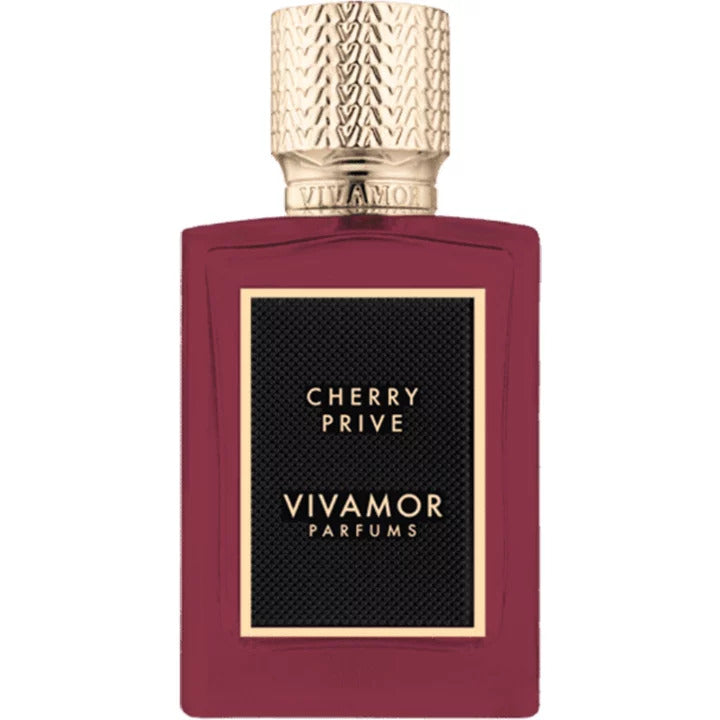 A dark red bottle of perfume labeled "CHERRY PRIVE VIVAMOR Parfums" with a textured gold cap and a black and gold front label, exuding an enchanting fragrance of cherry and sandalwood.