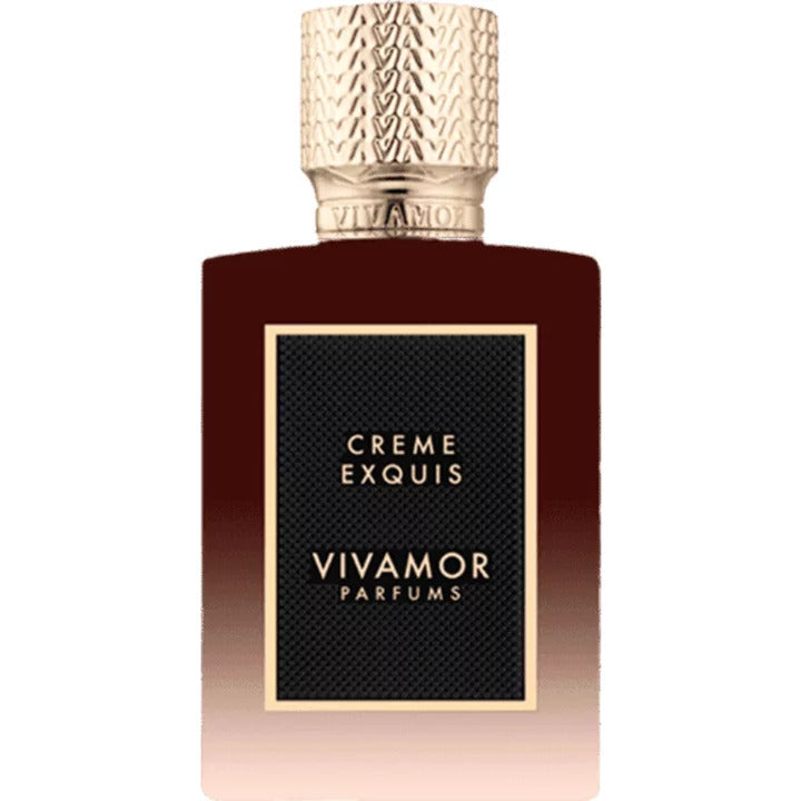 A bottle of VIVAMOR Parfums CREME EXQUIS perfume, crafted by the renowned Bertrand Duchaufour, features a gold textured cap and a gradient brown to pink ombre design, radiating an irresistibly sophisticated scent.