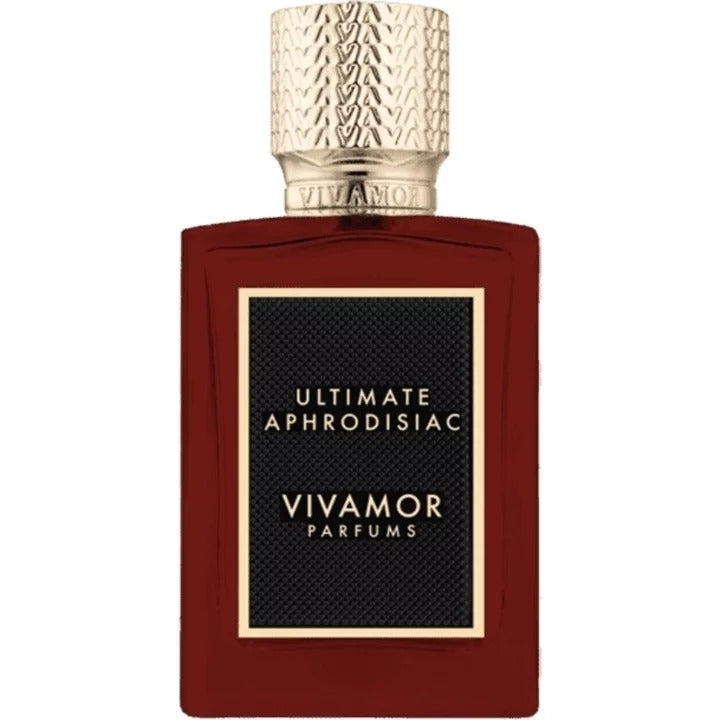 A bottle of ULTIMATE APHRODISIAC by VIVAMOR Parfums, featuring a textured gold cap and a black label on a dark red bottle.