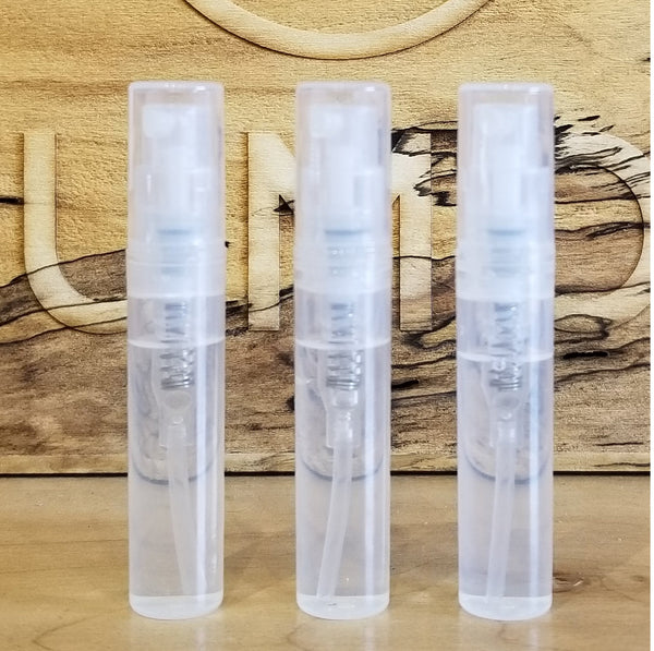 Three clear plastic sample vials in individual transparent sleeves
