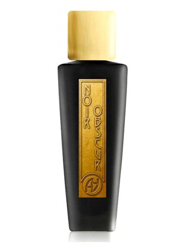 A black perfume bottle adorned with a gold label featuring the vertical inscription "Noir Obscur," topped with a gold cap. This Amber-Oriental fragrance, crafted by Antonio Alessandria, exudes mystery and sophistication.