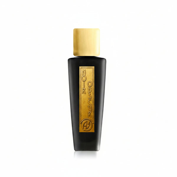 A black perfume bottle adorned with a gold label featuring the vertical inscription "Noir Obscur," topped with a gold cap. This Amber-Oriental fragrance, crafted by Antonio Alessandria, exudes mystery and sophistication.