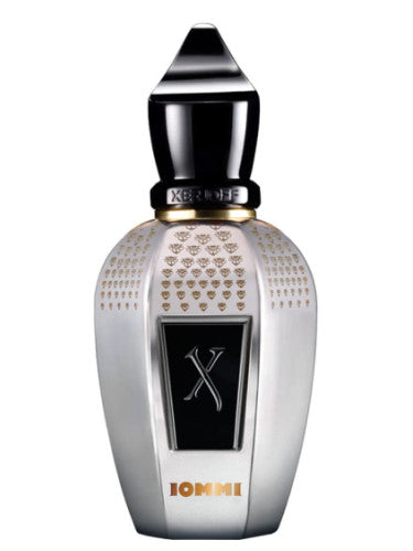 A luxurious Iommi perfume bottle by Xerjoff, featuring a sleek black cap, a silver body adorned with intricate detailing, and proudly labeled "X IOMMI," seamlessly blending the iconic influence of Tony Iommi with Xerjoff's dedication to multisensory experiences.