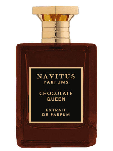 A brown glass bottle of Navitus Parfums' "Chocolate Queen" dark chocolate perfume, adorned with a gold cap and label.