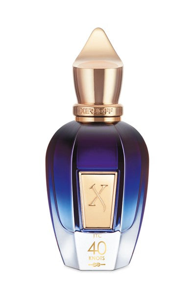 A blue gradient perfume bottle with a gold cap and label featuring an 'X' and '40 KNOTS' text, embodying the luxurious yachting lifestyle of Xerjoff perfumes.