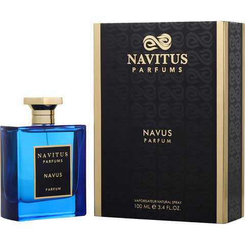 Navus perfume bottle with blue glass and matching black box, 100 mL spray