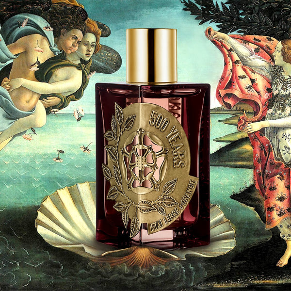 A bottle of 500 Years perfume with a gold emblem labeled "500 YEARS," placed in front of a Renaissance-style painting of mythological figures and seashells, captures the essence of enlightened beauty by État Libre d'Orange.