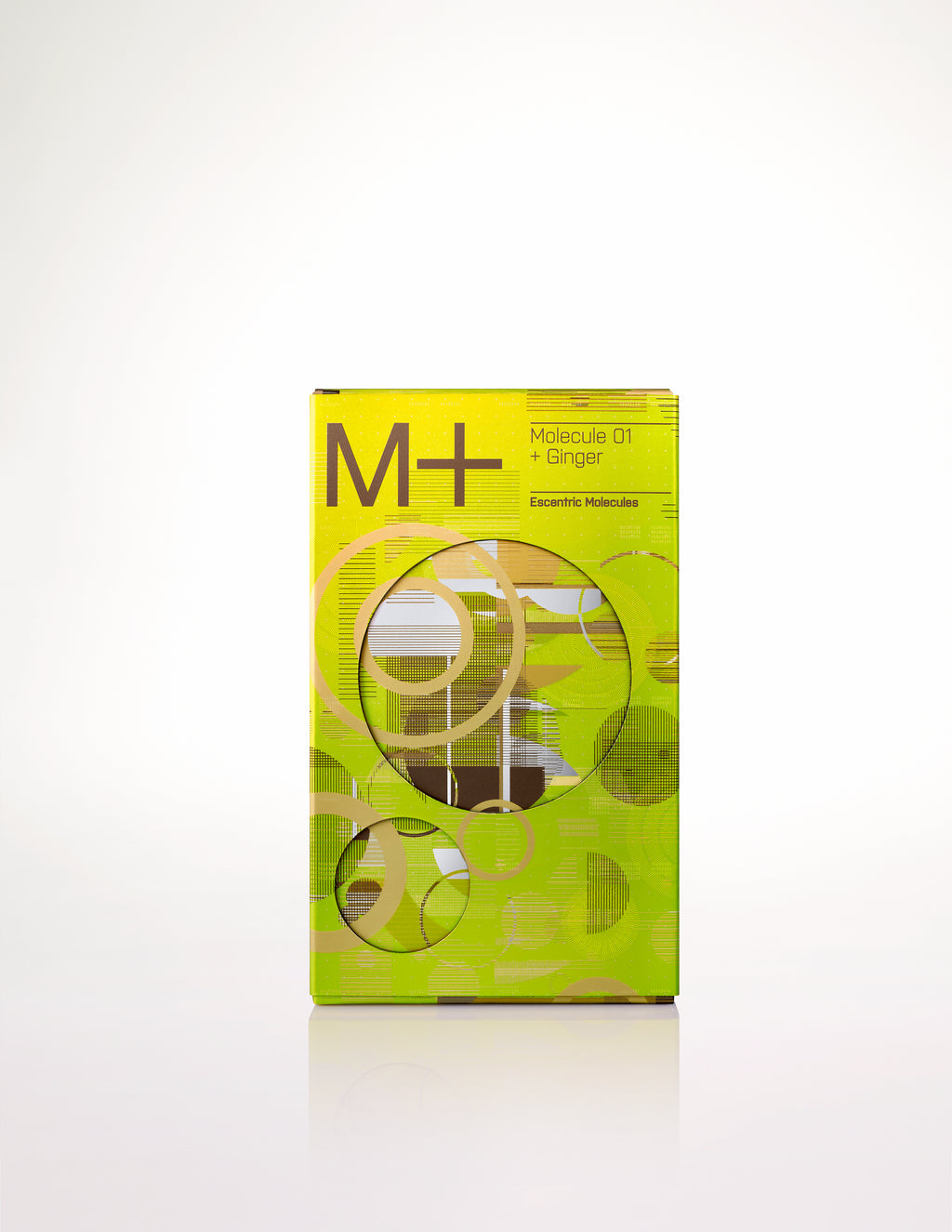A box of Escentric Molecules' "Molecule 01 + Ginger" perfume, enhanced with Iso E Super, showcases a yellow design adorned with circular patterns on its packaging.