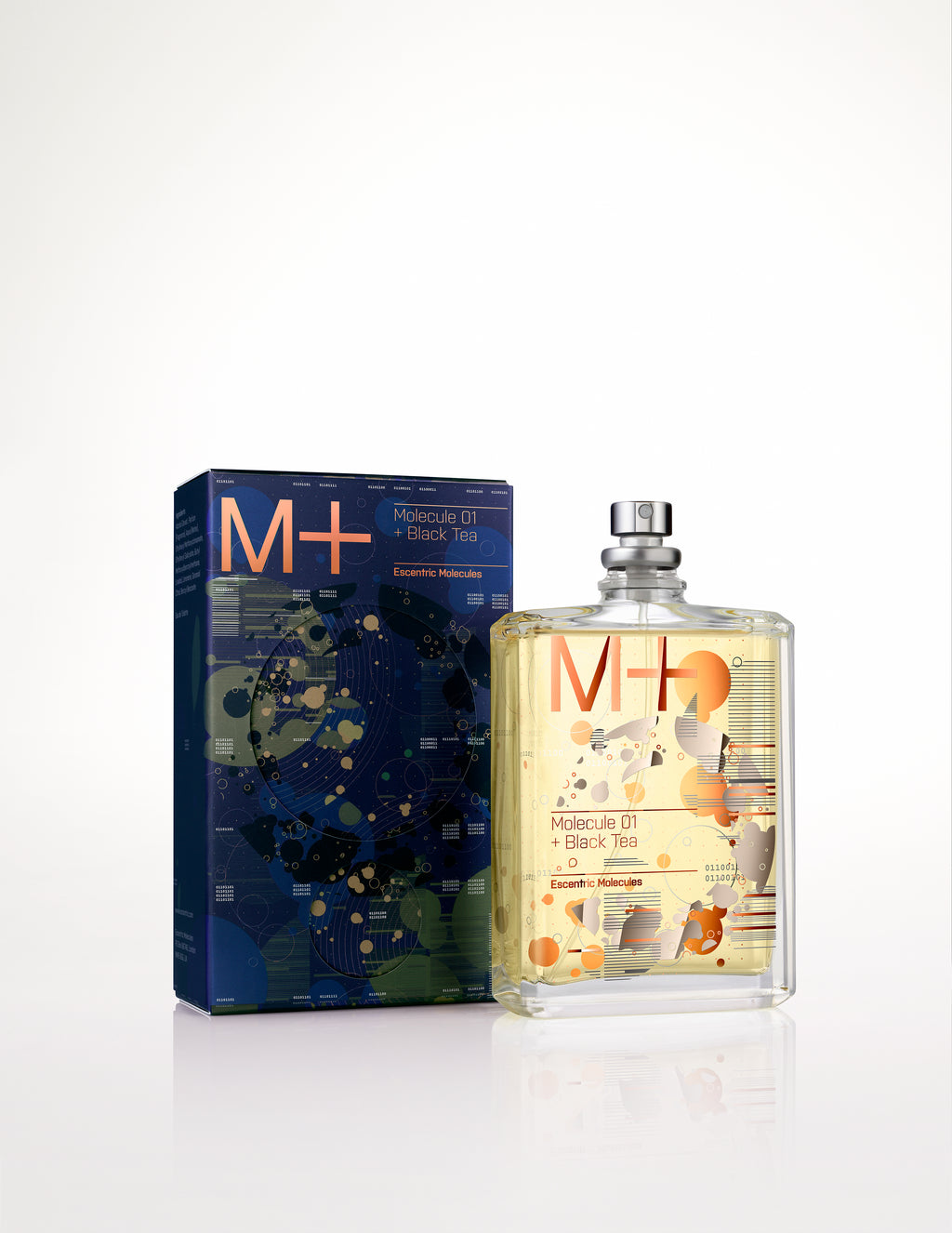 A bottle of Escentric Molecules Molecule 01 + Black Tea fragrance is positioned next to its matching dark blue and black box. The bottle contains a light amber liquid infused with Iso E Super and features modern, abstract design elements.