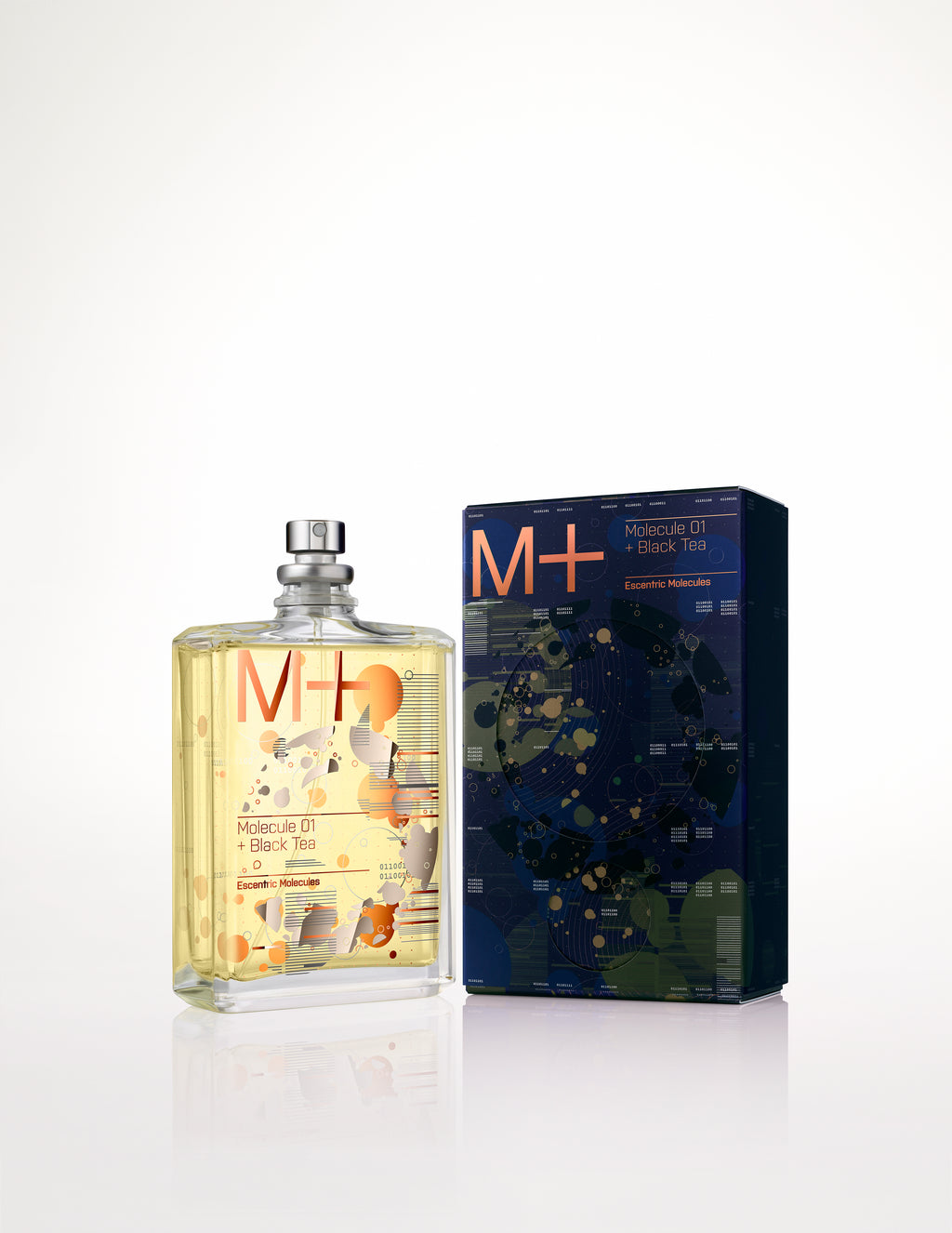 An elegantly designed perfume bottle labeled "Escentric Molecules Molecule 01 + Black Tea" stands alongside its matching blue and orange box, hinting at the enticing scent crafted with an infusion of Iso E Super.