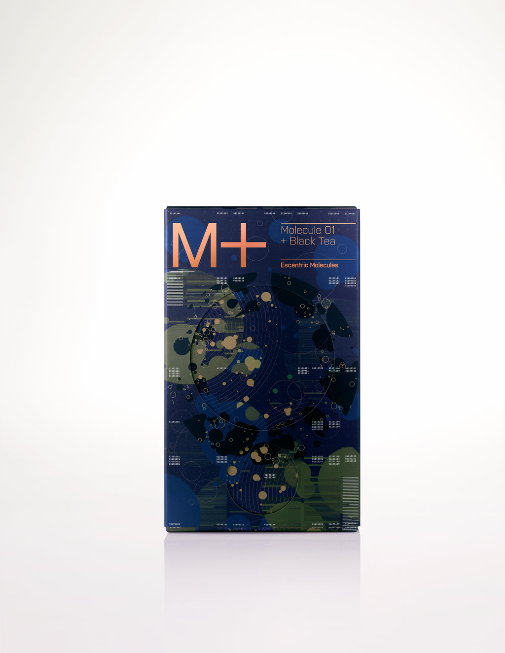 Image of a product box labeled "M+" containing "Molecule 01 + Black Tea" by Escentric Molecules, featuring a blue and green abstract design with Iso E Super perfume.