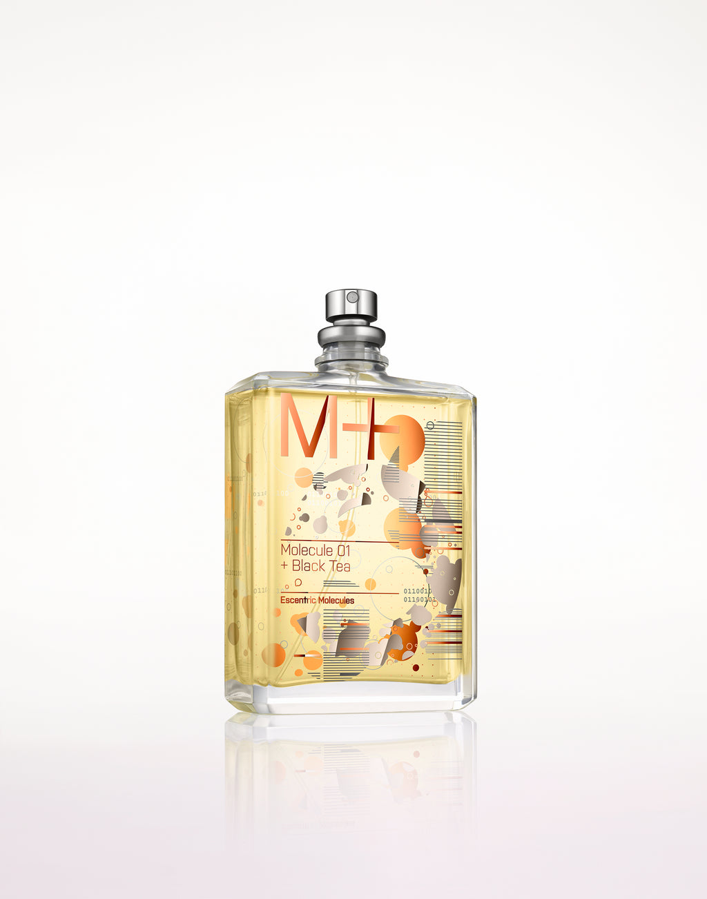 A transparent square perfume bottle with a silver cap is filled with amber liquid. The label reads "Molecule 01 + Black Tea" by Escentric Molecules and features abstract artwork, hinting at the presence of Iso E Super in its sophisticated aroma.