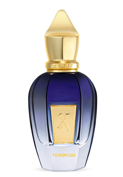 The Torino 22 perfume bottle by Xerjoff, featuring a blue gradient design with a gold cap and label, exudes elegance. Emblazoned with "Xerjoff" and "TORINO22," this scent, enriched with bergamot and musk, captures a timeless allure.