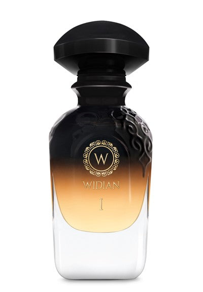 A glass bottle of Black Collection I perfume by Widian with a gradient black and amber color, an ornate "W" logo, and a black cap evokes the allure of exotic fragrances. Part of the Black Collection Parfum, its design mirrors the elegance of a refined coffee ceremony.