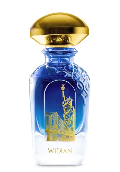 A blue and clear perfume bottle with a gold cap, adorned with a gold design of the Statue of Liberty and a bridge, labeled "Widian New York Sapphire Collection." It's the perfect spring fragrance to evoke the essence of New York.