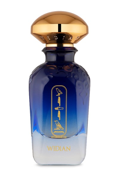 A bottle of Widian Aswan Sapphire Collection Eau de Parfum with a gradient blue to clear glass design, featuring gold hieroglyphic symbols and a gold cap. This Oriental fragrance embodies elegance and luxury.