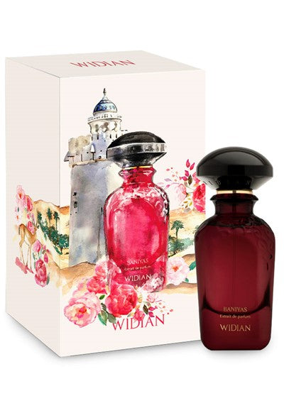 A perfume bottle labeled "Widian," with a dark cap, stands in front of a decorated box featuring a picturesque building and flowers. This exquisite Baniyas unisex perfume captures the essence of oud, making it perfect for any occasion.