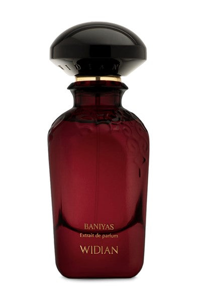 A dark red perfume bottle labeled "Baniyas" by Widian, featuring a black cap and gold accents, captures the essence of oud. This unisex perfume offers a timeless and sophisticated aroma.