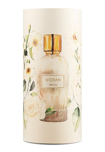 A cylindrical container adorned with floral illustrations and featuring a depiction of a perfume bottle labeled "Widian White," exuding ethereal lusciousness and accented by the sensual white musk.